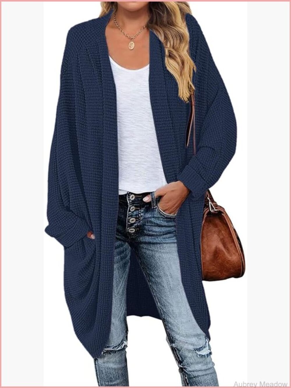 Waffle Knit Batwing Cardigan Open Front Sweater Coat